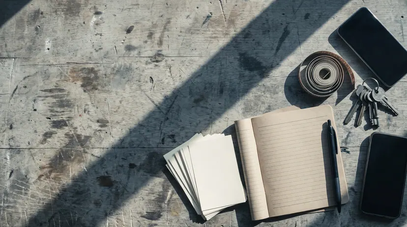 Overhead view of a notebook, receipts and tools on a workshop table