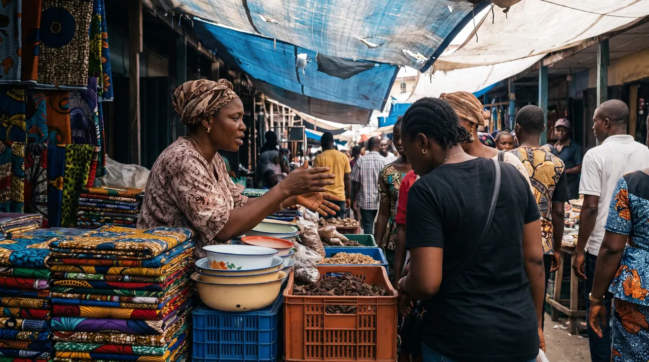 A trader in a busy Lagos market talking with a customer across her stall